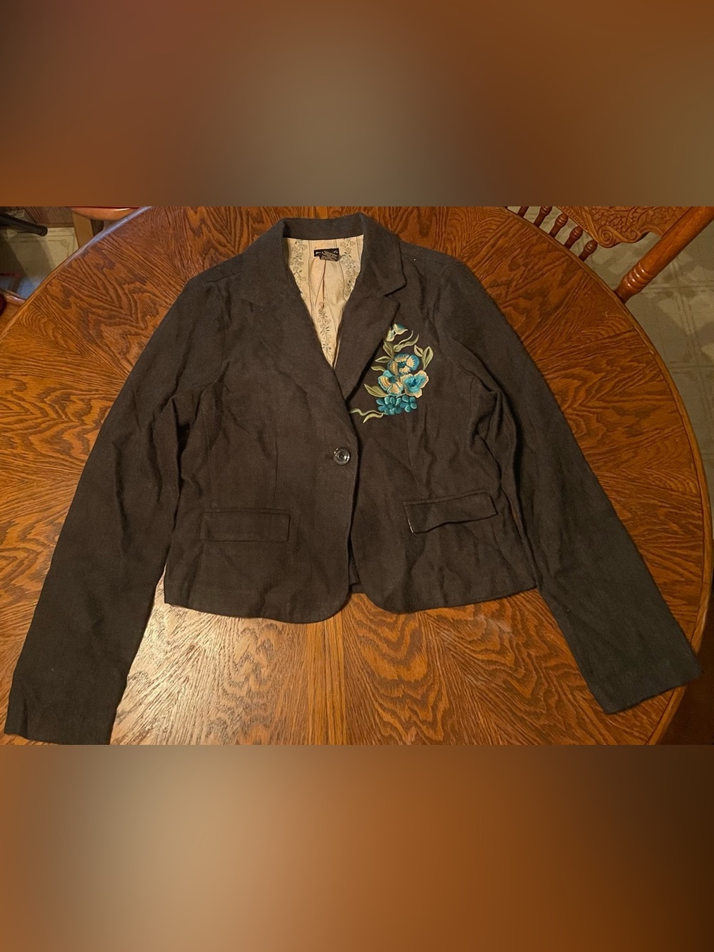 FANG Gray Herringbone Blazer with Blue Floral Embroidery Size XL
